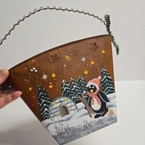 Vintage Penguin Winter Scene Metal Wall Pocket Brown Rustic Holiday Folk‎ Art